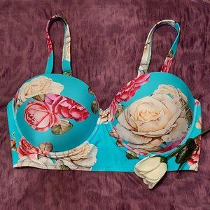 0X Plus Size Bikini Top Aqua & Flower Longline Blue Floral Roses Swimwear Cupshe